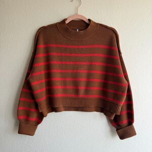 Free People Easy Street Brown and Red Striped Cropped Rib Knit Sweater size XS
